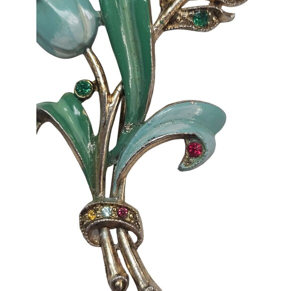 Vintage Enamel Tulip Brooch With Rhinestones Gold-Tone Floral Pin Green & Multic - Picture 6 of 16